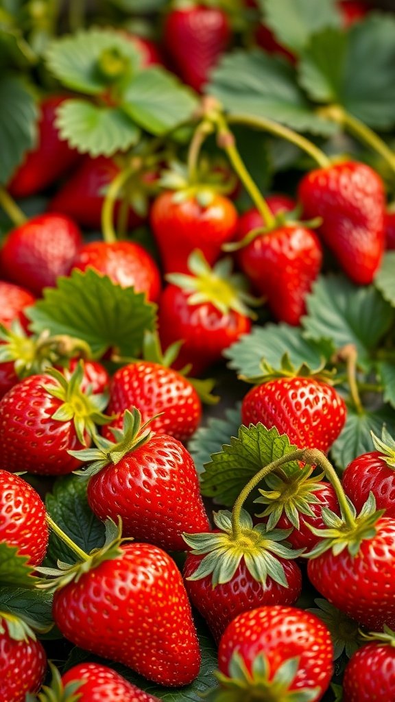 A close-up of fresh strawberries with green leaves.