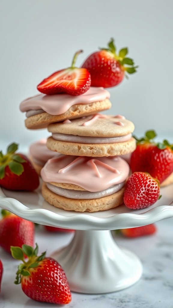 A plate of strawberry shortcake gender reveal cookies topped with fresh strawberries.