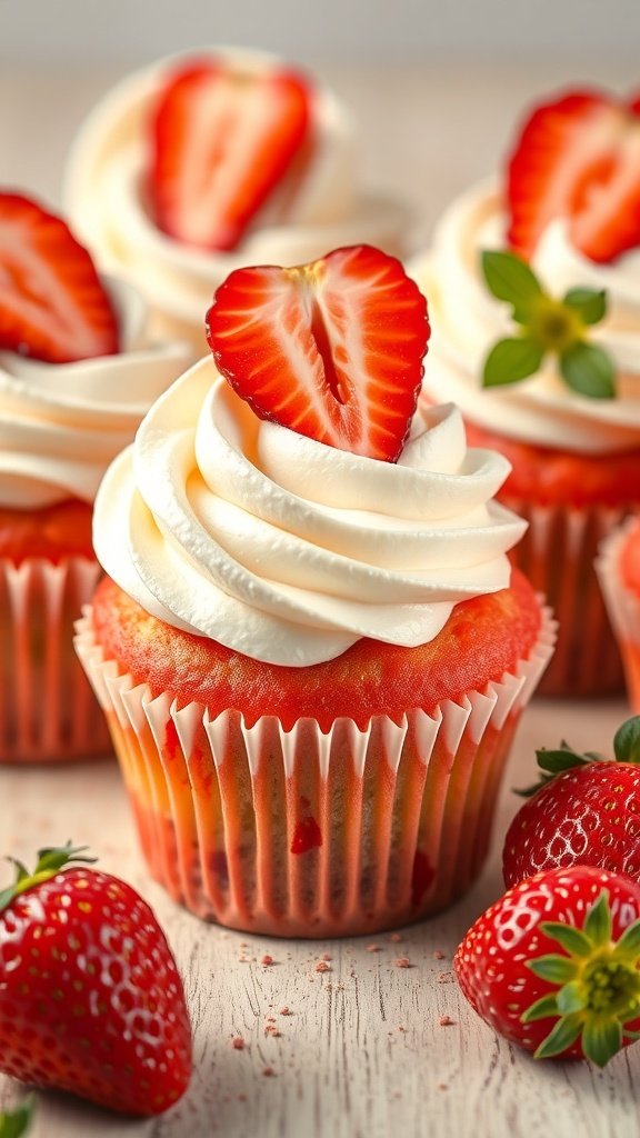 Delicious strawberry shortcake gender reveal cupcakes topped with whipped cream and fresh strawberries