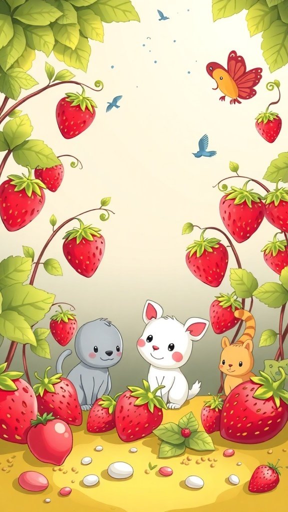 Colorful strawberry wallpaper featuring cute animals and strawberries