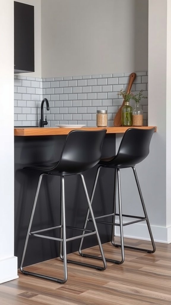 Stylish black bar stools at a small kitchen counter with a modern design.