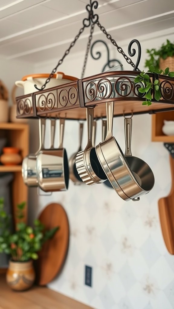 A stylish pot rack hanging from the ceiling, displaying various pots and pans in a cozy cottage kitchen.