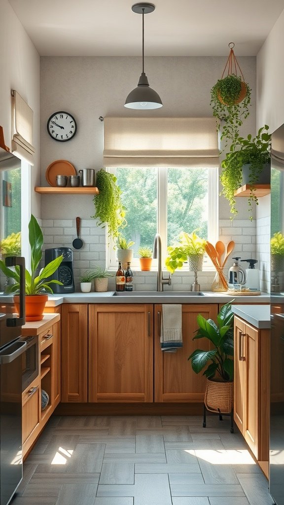 A cozy tiny cottage kitchen with wooden cabinets, plants, and natural light.