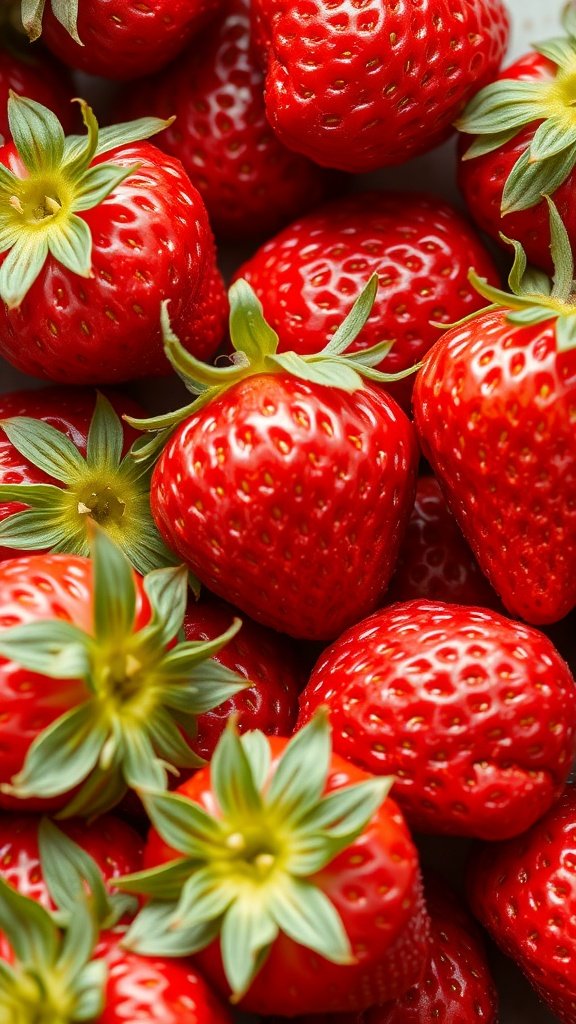 A close-up of fresh strawberries with vibrant red color and green leaves.