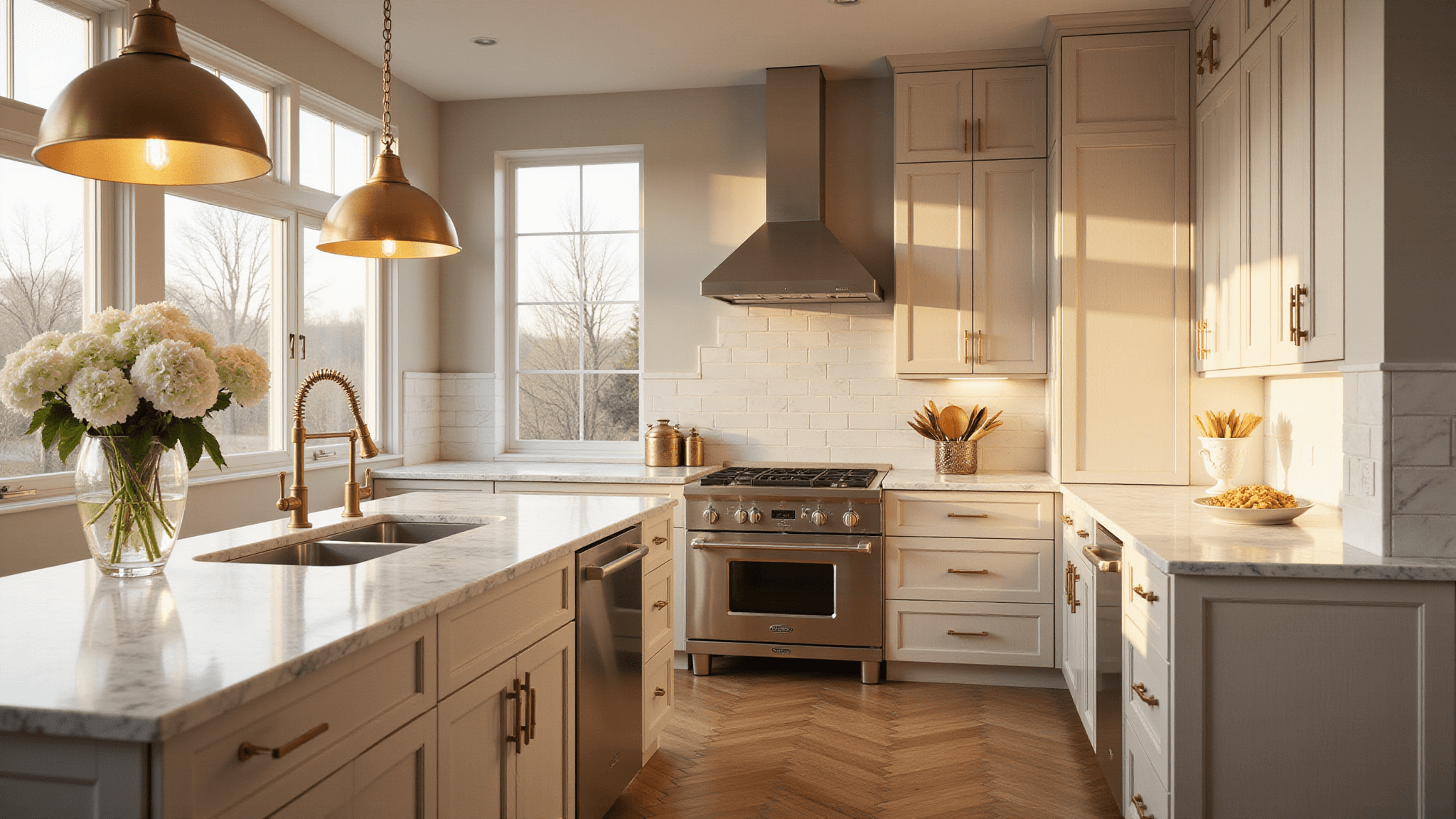 Photorealistic transitional kitchen with beige shaker cabinets, Calacatta marble countertops, brass pendant lights, and hardwood herringbone floors, illuminated by warm golden hour sunlight.