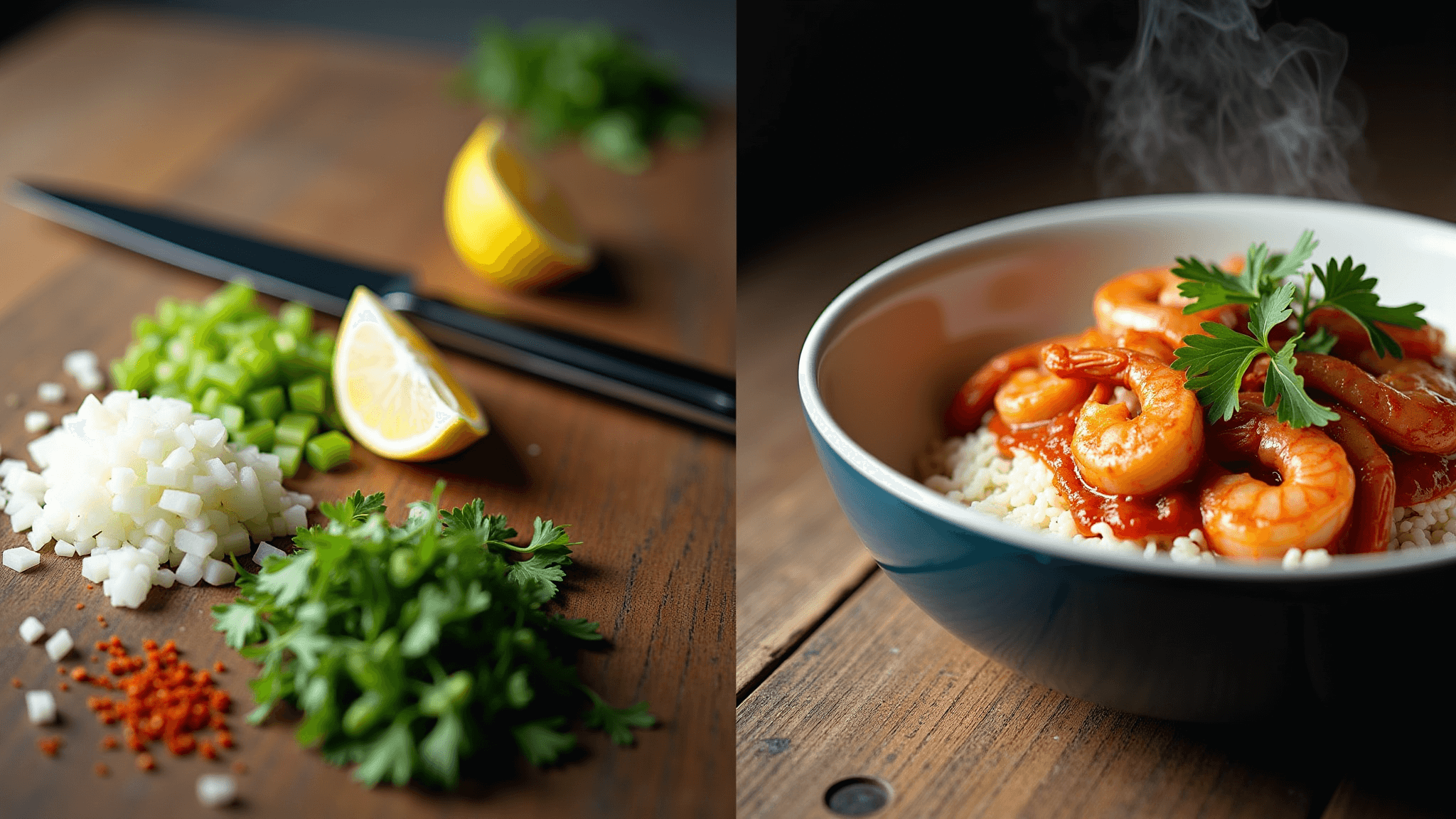 A split image showing two scenes: on the left, a wooden cutting board with freshly chopped Holy Trinity ingredients—green bell peppers, white onions, and celery—surrounded by a chef's knife and parsley; on the right, an overhead view of a glossy bowl of shrimp in Creole sauce over white rice, garnished with parsley, green onions, and a lemon wedge, with steam rising in dramatic lighting.