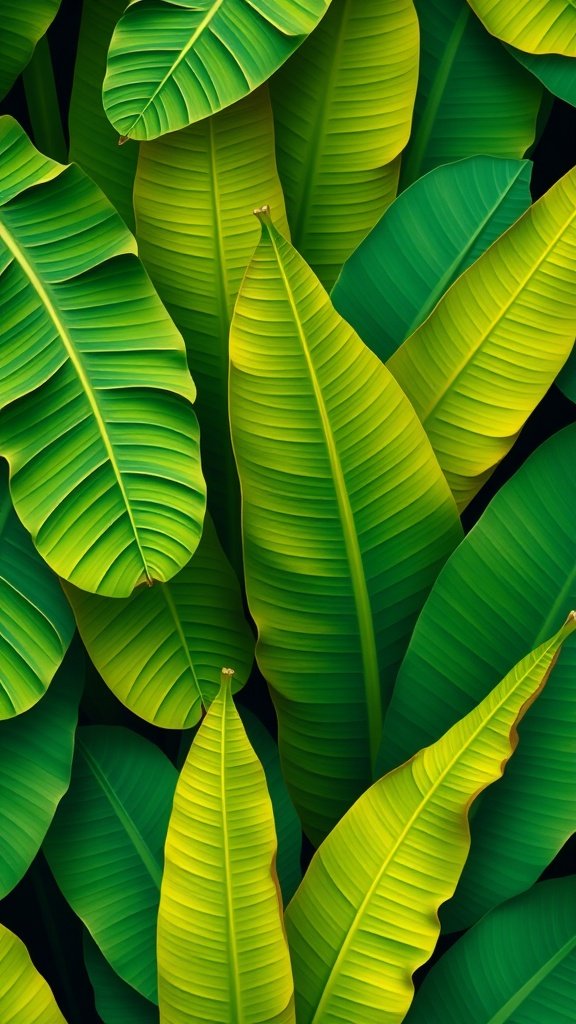 A close-up of vibrant banana leaves in various shades of green.