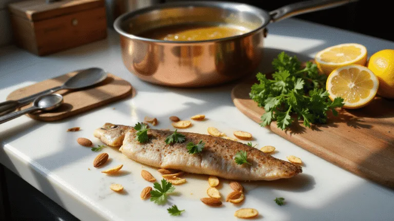 A beautifully styled French country kitchen scene featuring a perfectly seared rainbow trout fillet with crispy skin on a marble countertop, surrounded by toasted sliced almonds, fresh parsley, and halved lemons, with a bubbling brown butter sauce in a copper skillet. Natural light creates warm tones and dramatic shadows, highlighting the elegant rustic atmosphere.