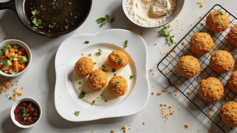 Cinematic overhead shot of turkey croquettes in preparation stages on a rustic marble countertop, featuring perfectly coated croquettes, fresh herbs, diced vegetables, and garnished finished croquettes on a cooling rack, all captured in warm natural light.