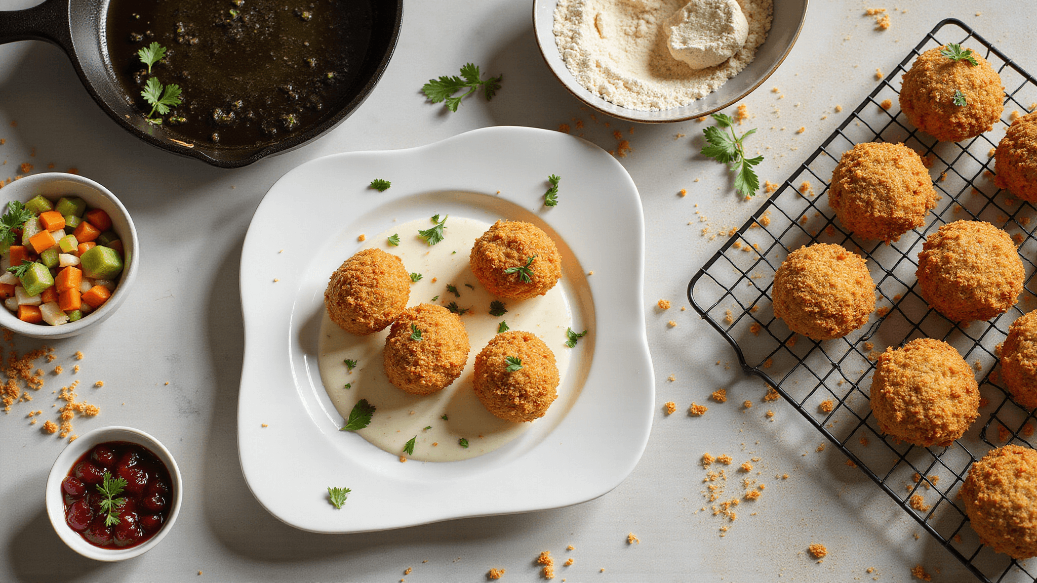 Cinematic overhead shot of turkey croquettes in preparation stages on a rustic marble countertop, featuring perfectly coated croquettes, fresh herbs, diced vegetables, and garnished finished croquettes on a cooling rack, all captured in warm natural light.