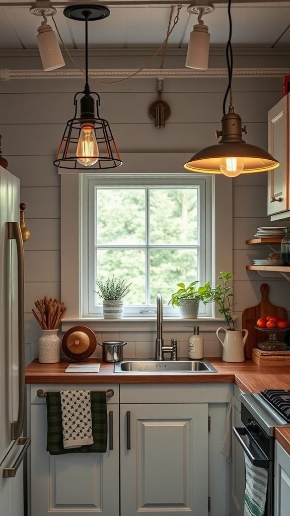 A cozy tiny cottage kitchen featuring unique light fixtures and a window with plants.