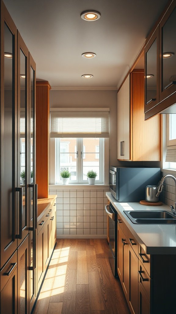 A bright and modern tiny cottage kitchen with wooden cabinets and a window.