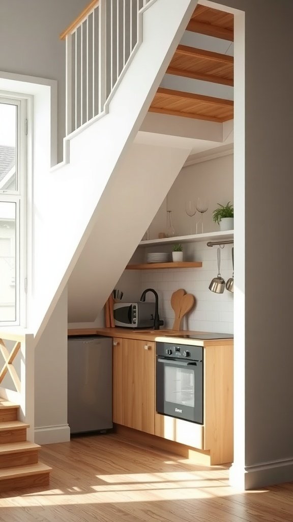 A small kitchen area under a staircase with wooden cabinets and open shelves.