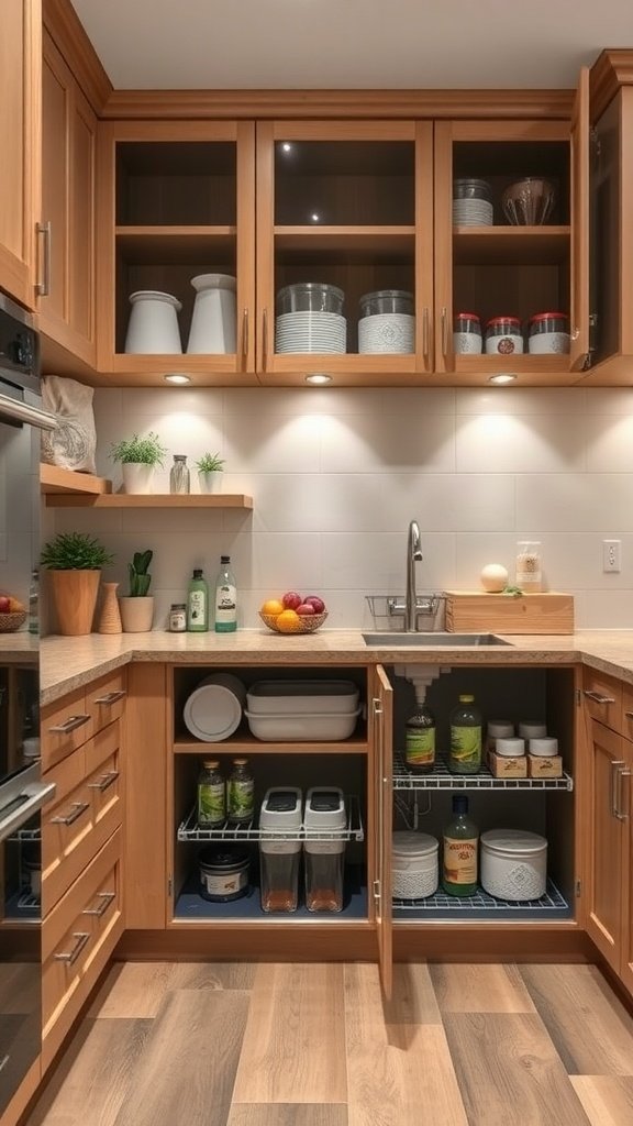 Cozy tiny cottage kitchen with wooden cabinets and organized under-cabinet storage