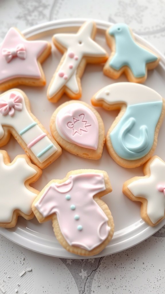 Decorated vanilla sugar cookies in various shapes for a gender reveal party.
