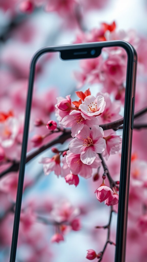 A smartphone displaying cherry blossoms with a blurred background of more blossoms