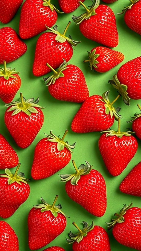 A pattern of bright red strawberries on a green background