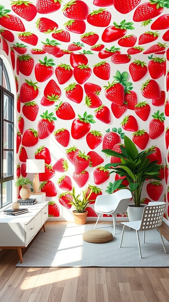 A bright room with strawberry wallpaper covering the walls and ceiling, featuring modern furniture and plants.