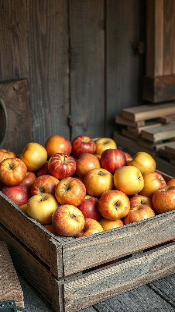 A wooden crate filled with red and yellow apples, set against a rustic background.
