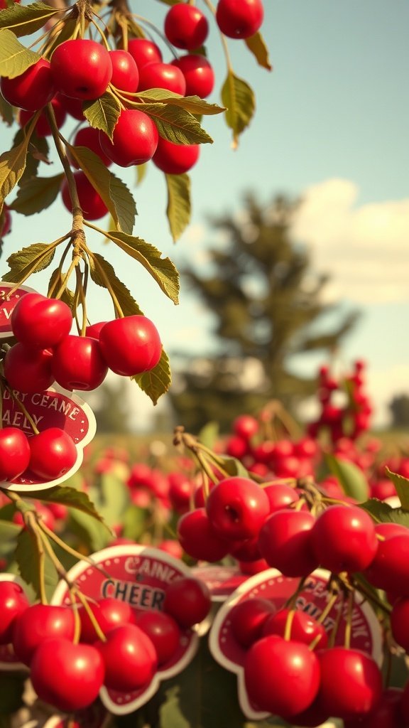 Close-up of red cherries with vintage labels hanging from branches