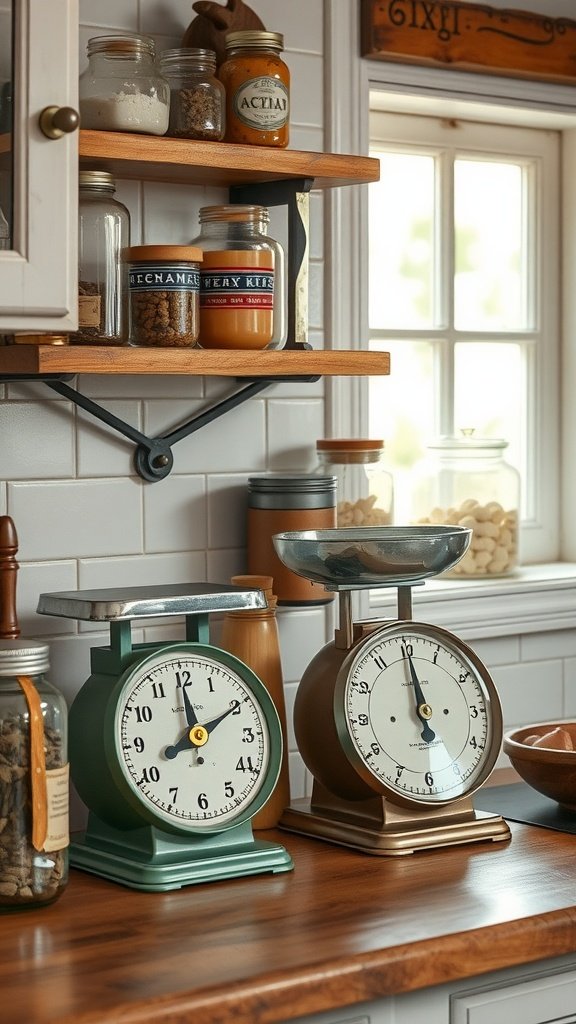 Vintage scales and jars in a cozy cottage kitchen