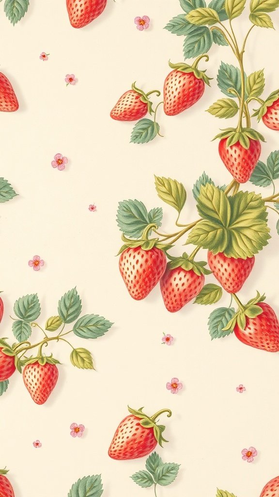 Vintage strawberry wallpaper featuring red strawberries and green leaves on a cream background.