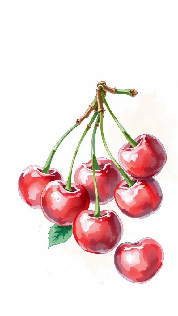 Watercolor painting of cherries on a white background