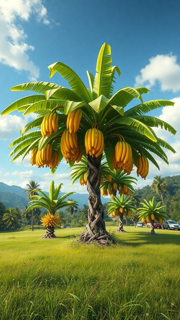 A sunny landscape featuring banana trees with ripe bananas under a blue sky.