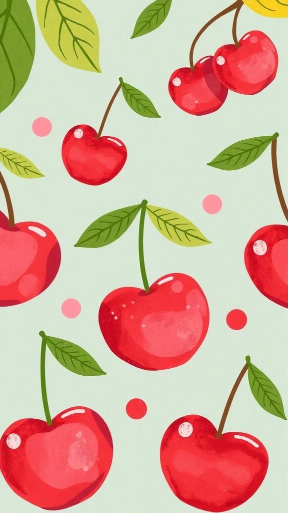 A vibrant cherry wallpaper phone design featuring red cherries and colorful dots on a dark blue background.