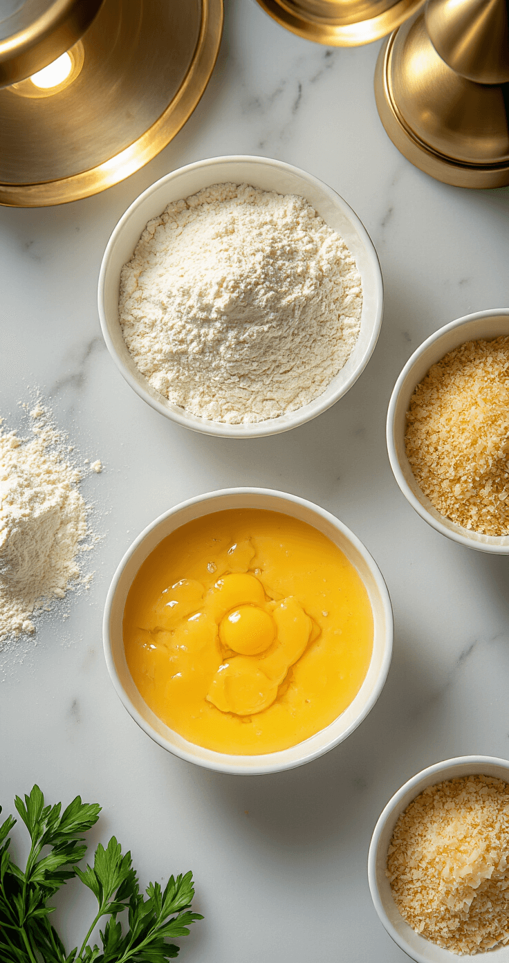 A professional kitchen prep station showcasing three white ceramic bowls on a marble countertop, with seasoned flour, a yellow egg-buttermilk mixture, and Italian breadcrumbs with Parmesan, all illuminated by warm golden lighting. Fresh herbs and flour dust enhance the scene.