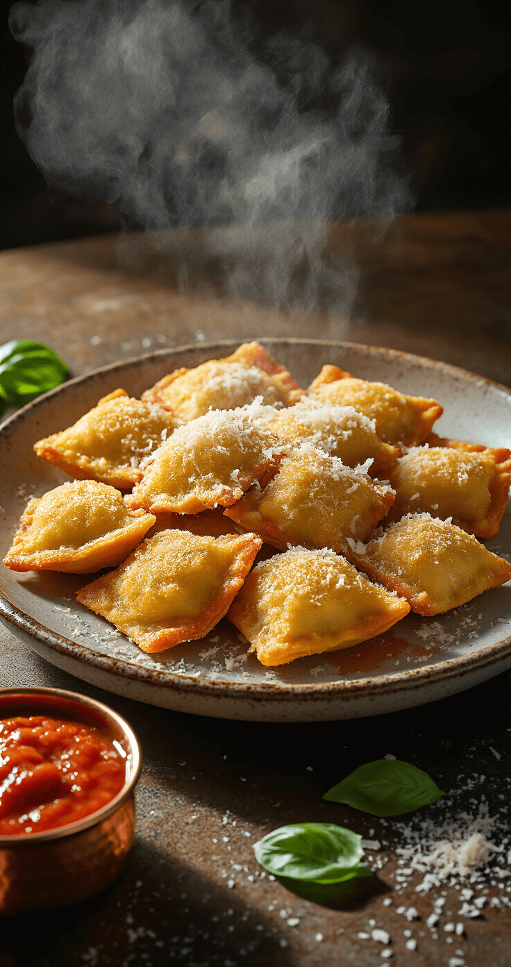 Artfully arranged golden-brown toasted ravioli on a rustic ceramic plate, topped with freshly grated Parmesan, accompanied by a small copper bowl of marinara sauce and fresh basil, under moody restaurant lighting.