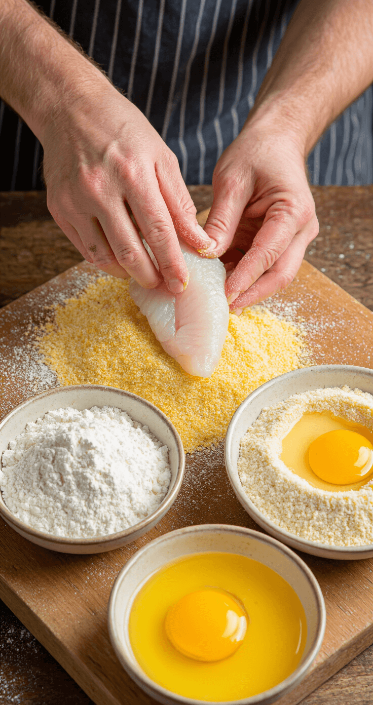 Close-up of hands dredging a white fish fillet in cornmeal on a wooden cutting board, with bowls of flour, beaten egg, and cornmeal arranged neatly in the background.