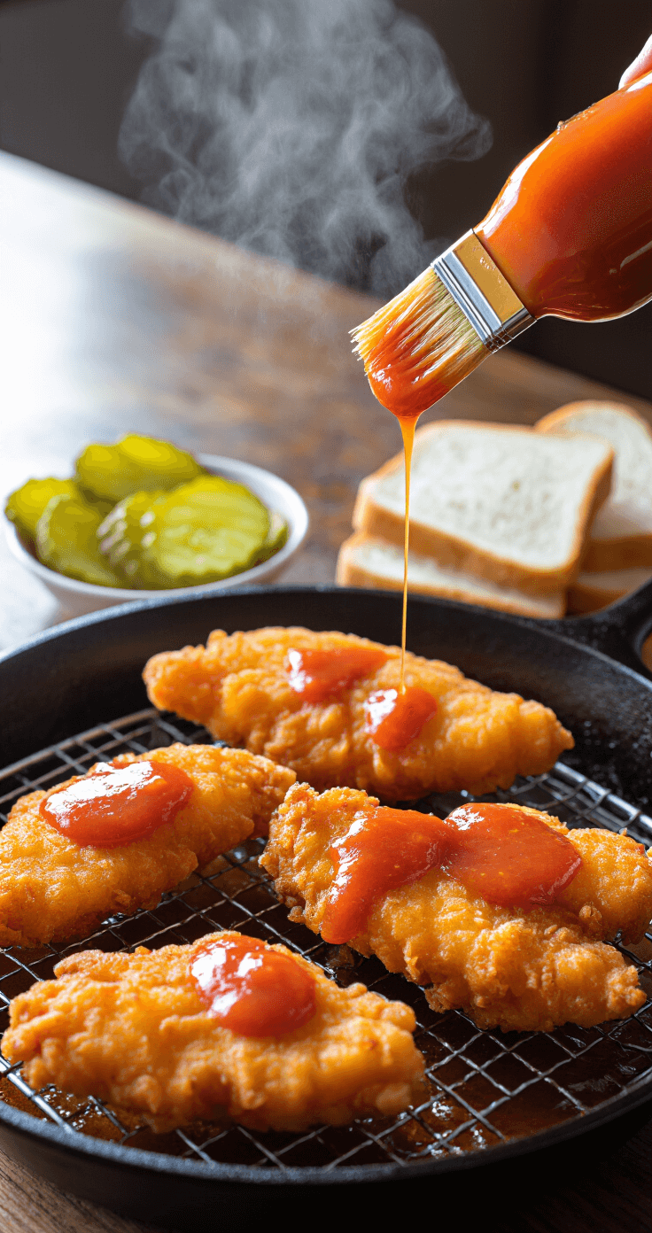 A wire rack holds golden-brown fried fish fillets being brushed with vibrant red-orange Nashville hot sauce, with steam rising in warm kitchen lighting. Pickles and white bread squares are arranged in the background, and a cast iron skillet with shimmering oil is visible.