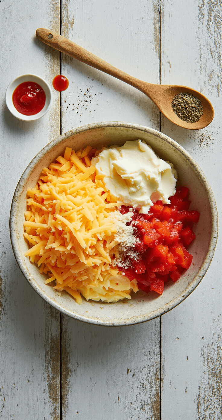 Close-up of a rustic bowl containing freshly grated sharp cheddar, cream cheese, and diced red pimentos, with a wooden spoon and drops of Tabasco on a weathered countertop.