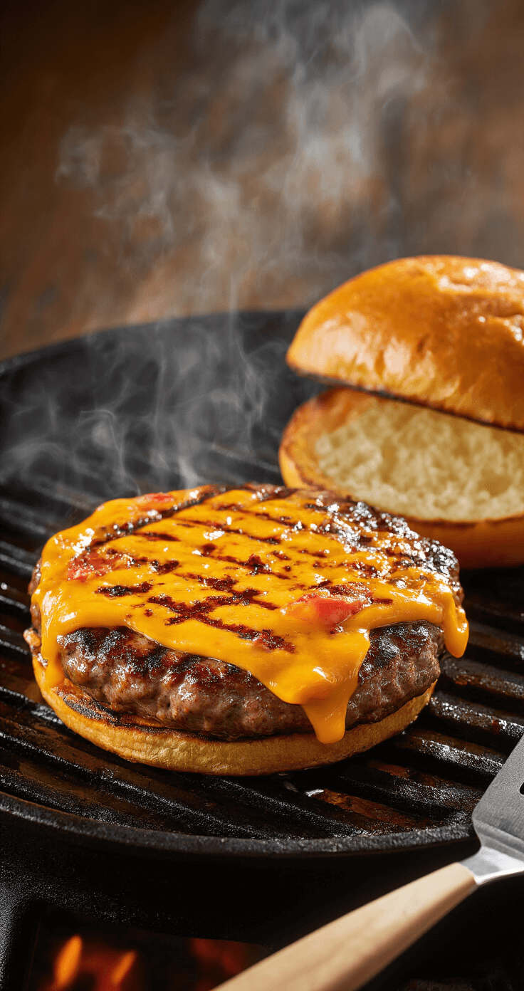 Dramatic overhead view of a sizzling burger patty on a cast-iron grill with melting pimento cheese, accompanied by a toasted brioche bun; steam rises against rich evening lighting, highlighting the caramelized meat and vibrant cheese.