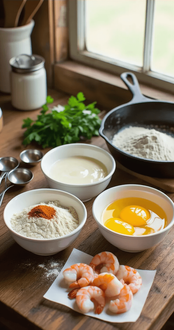 A rustic wooden kitchen countertop with natural light, featuring three white ceramic bowls: a flour-spice blend, golden beaten eggs with buttermilk, and peeled shrimp. A vintage cast iron skillet and measuring spoons are nearby, along with fresh herbs.