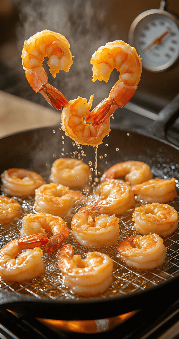 Dynamic close-up of large shrimp being lowered into golden oil in a cast iron skillet, with textured flour-dredged shrimp, steam rising, and perfectly fried pieces on a wire rack in a softly lit southern kitchen.