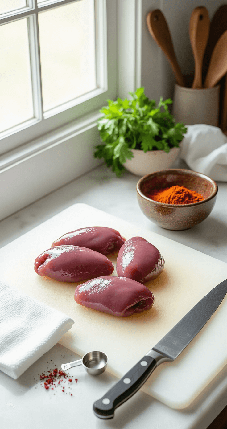 A bright professional kitchen with fresh chicken livers on a white cutting board, a sharp knife, measuring spoons, and a rustic bowl of spices, showcasing the raw ingredients beautifully.