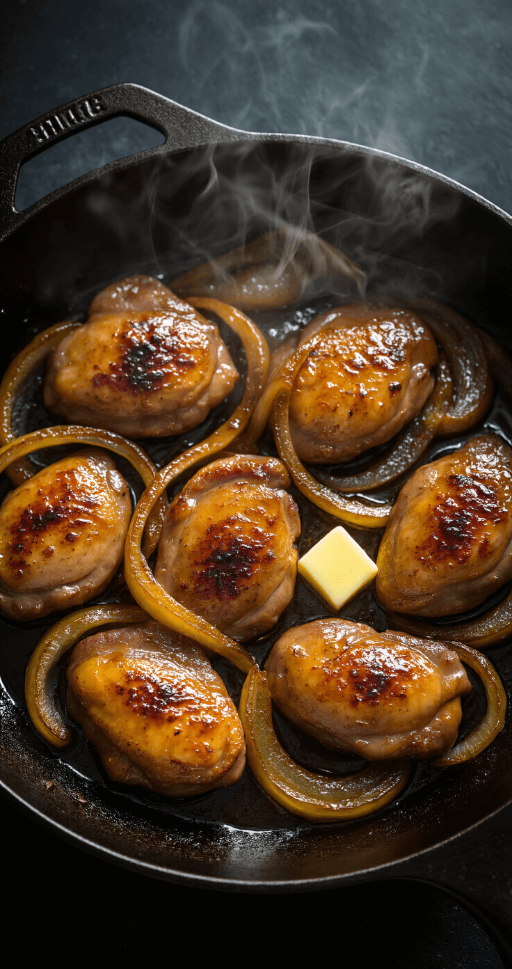 Aerial view of a cast-iron skillet with searing golden-brown chicken livers and translucent caramelized onions, illuminated by warm kitchen light, with steam rising against a dark background.