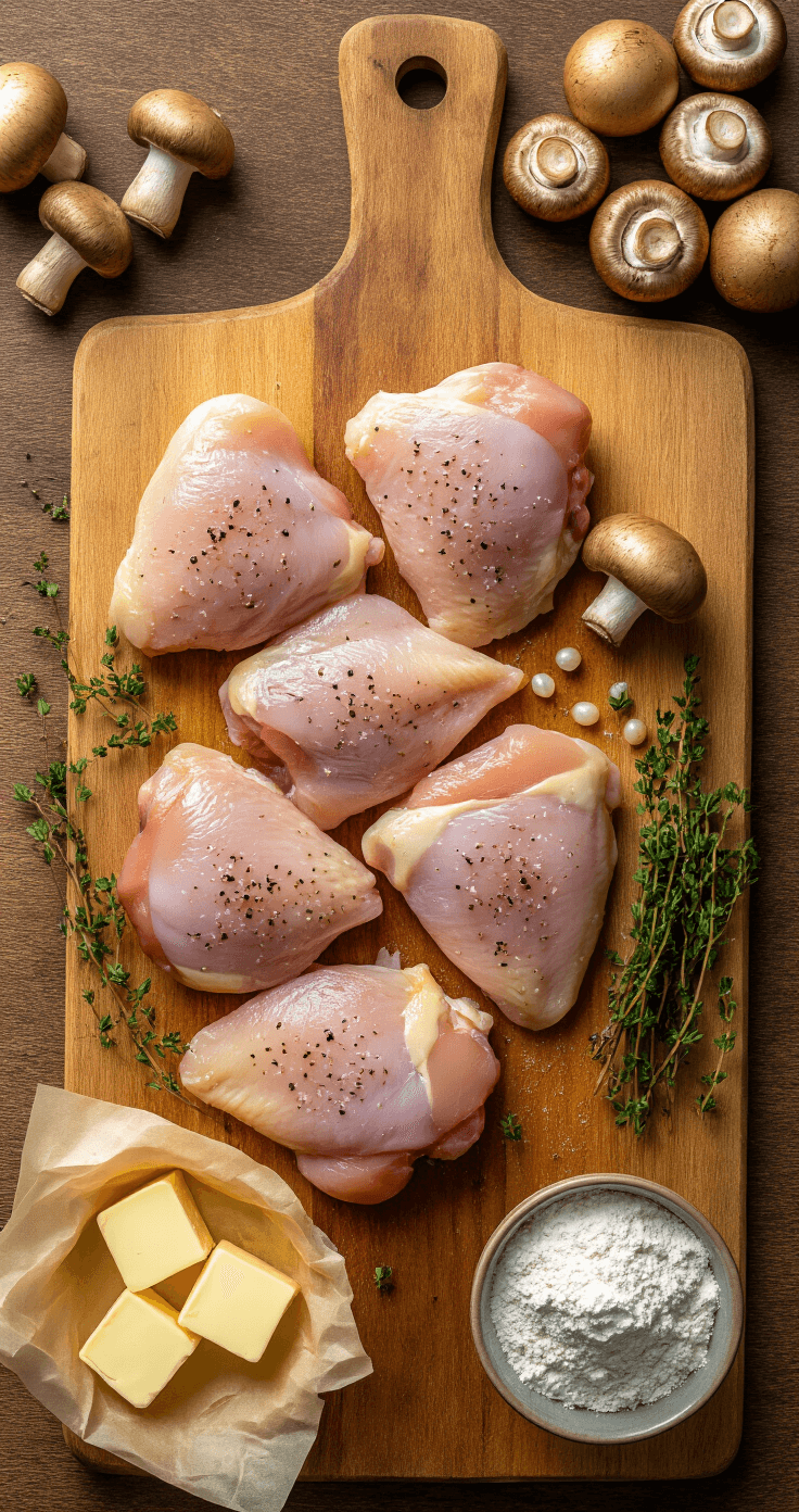 Wooden cutting board with seasoned raw chicken thighs, fresh mushrooms, thyme, pearl onions, and a small bowl of flour and butter, set in warm natural lighting for French cooking preparation.