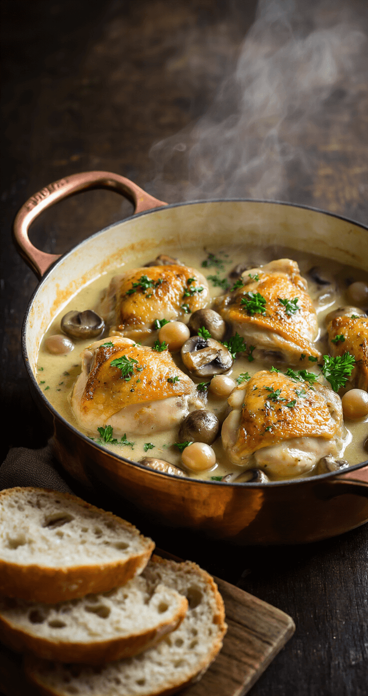 Elegant chicken fricassee in a vintage copper Dutch oven, featuring tender chicken, golden-brown mushrooms, pearl onions, and creamy herb-flecked sauce, garnished with fresh parsley and served with artisanal bread on a dark wooden table.