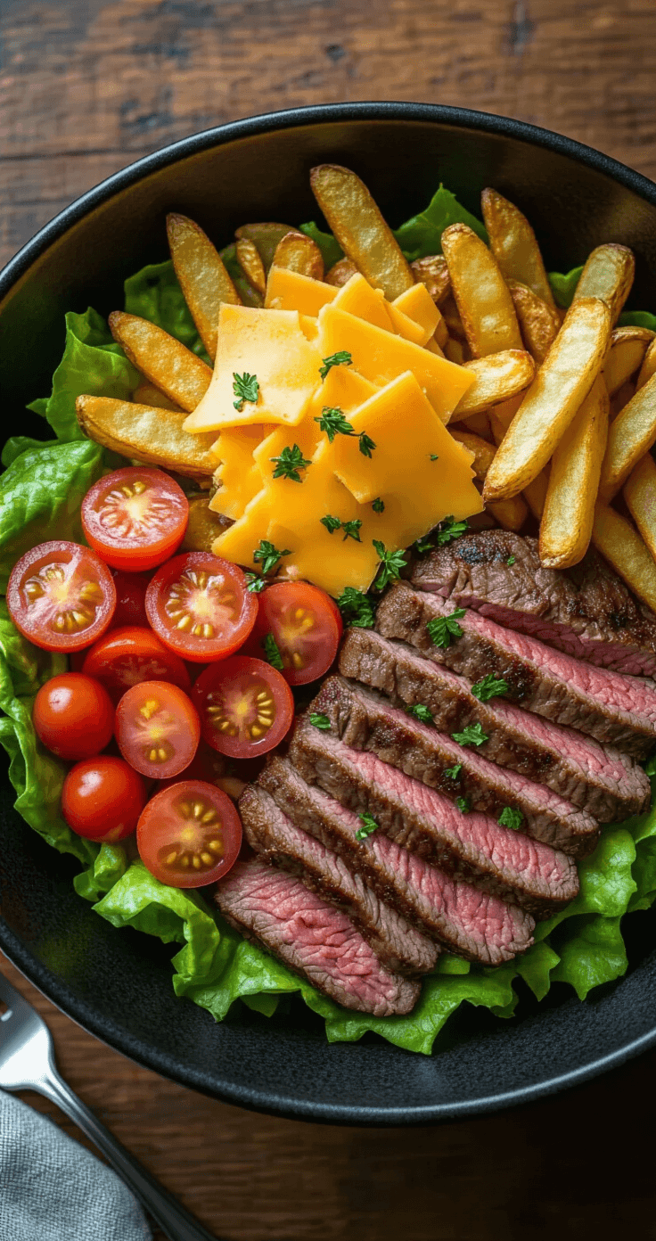 Overhead view of a Pittsburgh Steak Salad in a matte black bowl, featuring layers of romaine lettuce, tomatoes, crispy fries, sliced medium-rare steak, melted cheddar, and fresh herbs on a rustic wooden table.
