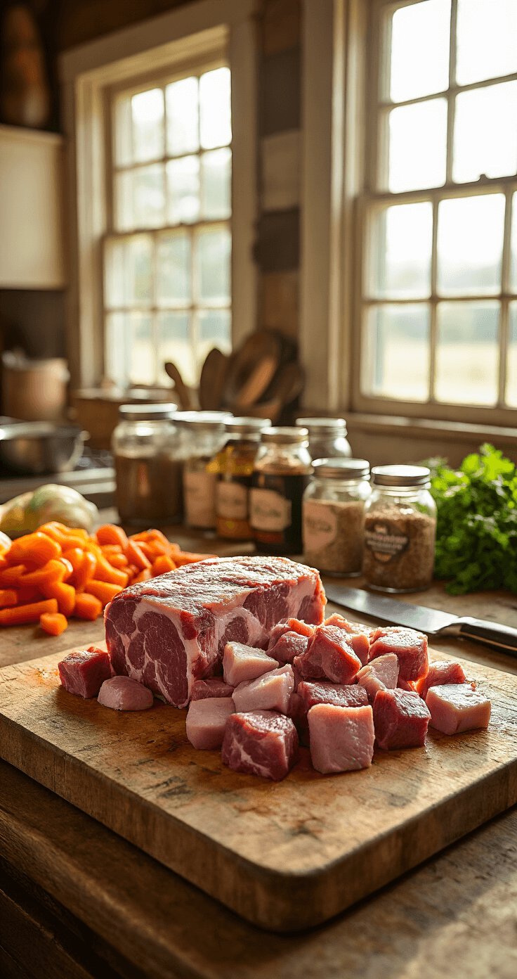 A rustic farmhouse kitchen with natural light, showcasing a cutting board filled with cubed marbled meats and chopped vegetables, surrounded by mason jars of spices and a chef's knife.