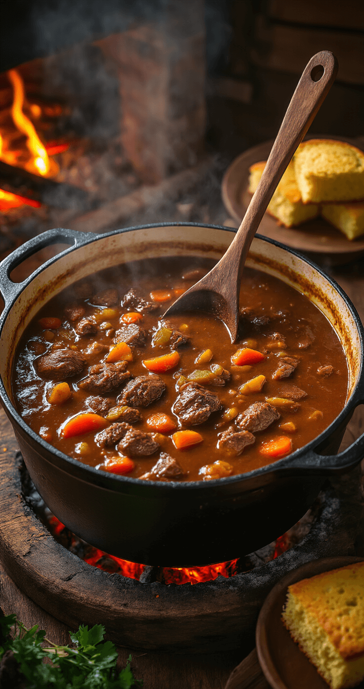 A hearty cast-iron pot of rich Kentucky Burgoo stew with a wooden spoon, surrounded by tender meat and colorful vegetables, set against a warm hearth-side scene with cornbread on a rustic table.