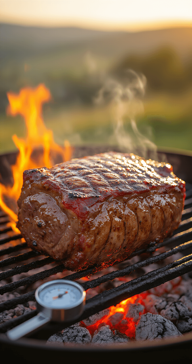 A beef roast searing on a charcoal grill with flames and smoke, showcasing caramelization and char marks, illuminated by golden hour light, with steam rising and glowing embers visible; a meat thermometer positioned in the foreground against a blurred background.