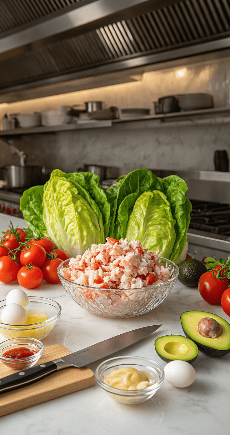 Bright, professional kitchen with dramatic lighting highlights a marble countertop adorned with fresh lump crab meat in a crystal bowl, surrounded by crisp romaine lettuce, ripe tomatoes, avocados, and hard-boiled eggs, with a chef's knife on a cutting board and small glass bowls of dressing ingredients.