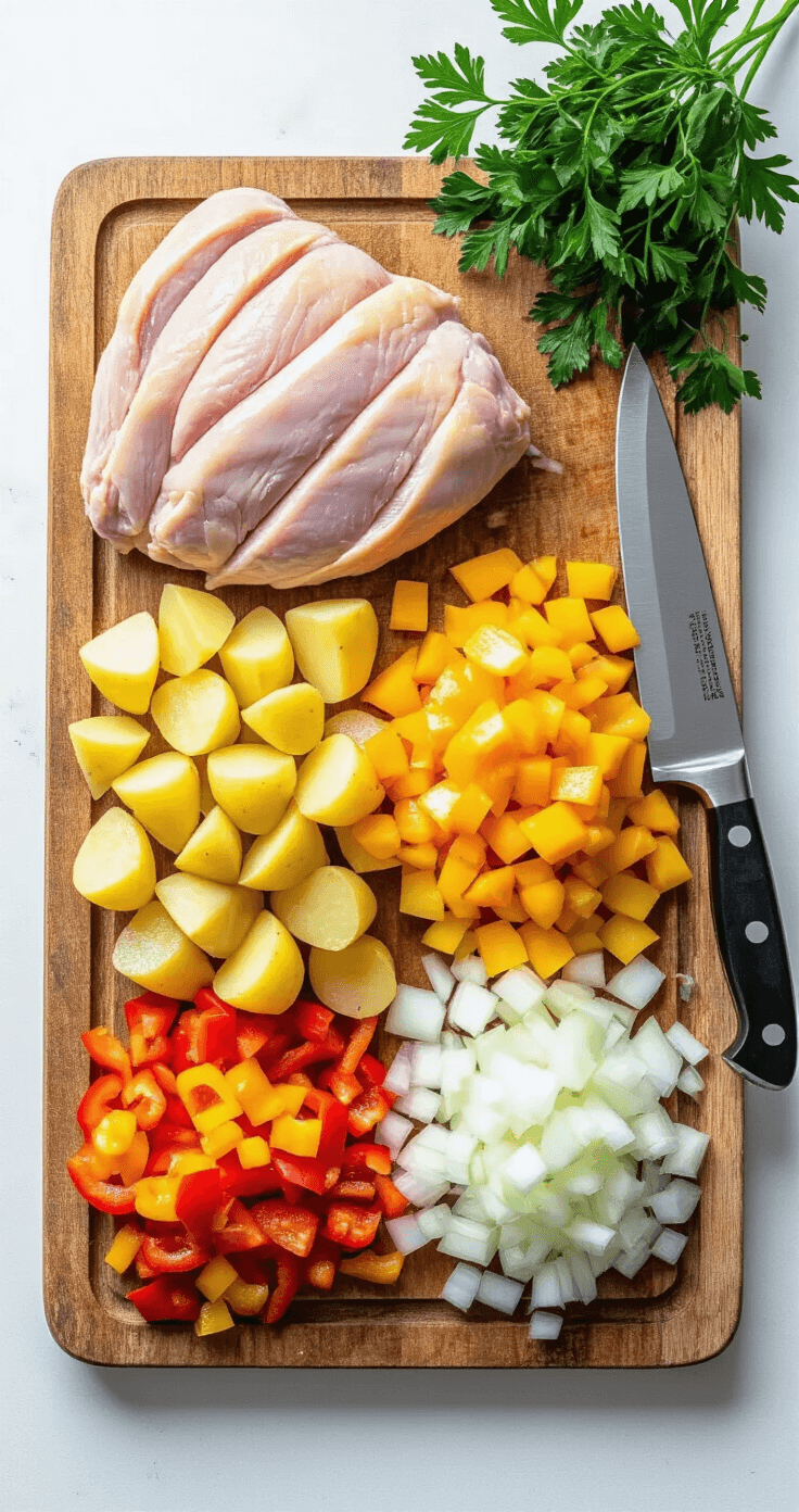 Overhead view of a wooden cutting board with diced turkey, cubed golden potatoes, diced bell peppers, and chopped onions in separate piles, accompanied by a chef's knife and scattered parsley leaves, illustrating a professional mise en place.