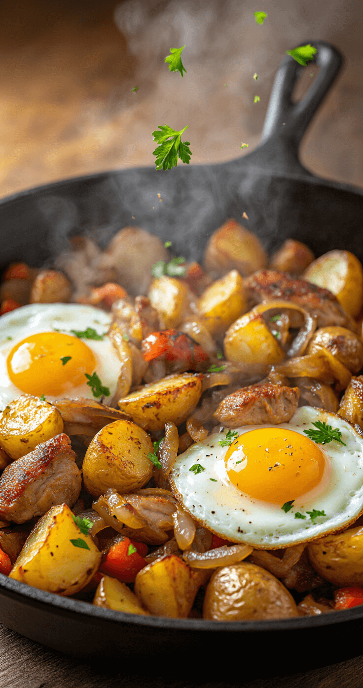 Close-up of a sizzling cast iron skillet filled with crispy golden potatoes, tender turkey pieces, and caramelized onions and peppers, topped with two vibrant fried eggs and steam rising in warm kitchen lighting.