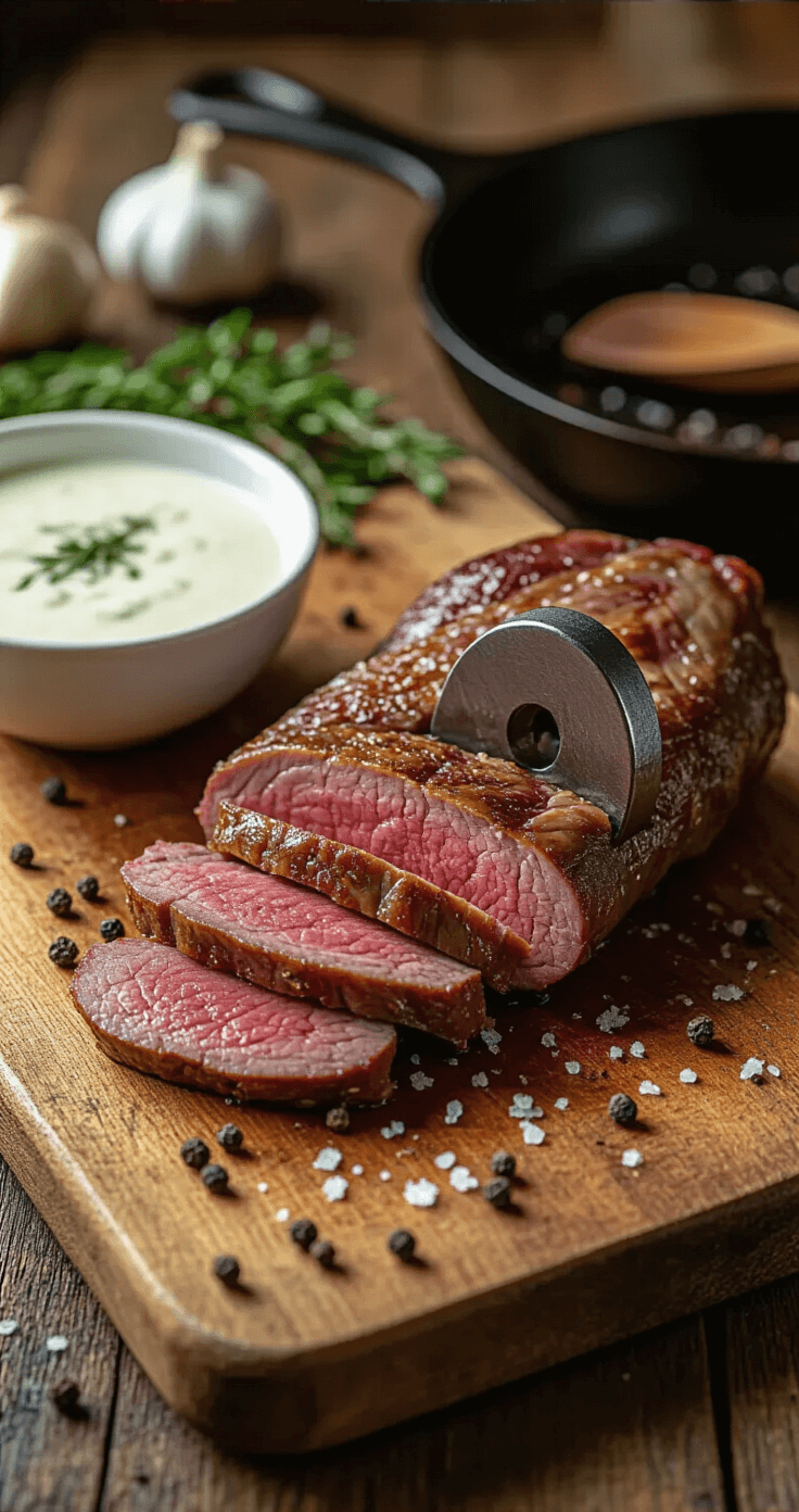 Rustic wooden cutting board under warm lighting, showcasing thinly sliced venison backstrap being pounded with a steel meat mallet, surrounded by scattered peppercorns and sea salt. Nearby, a bowl of creamy buttermilk marinade with fresh herbs and garlic cloves, and a cast iron skillet in the background.