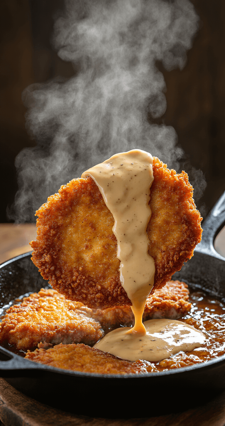 Close-up of a perfectly golden-brown chicken fried venison steak being lifted from a cast iron skillet, with steam rising and rich country gravy drizzled over it, against a dark rustic background illuminated by soft window light.